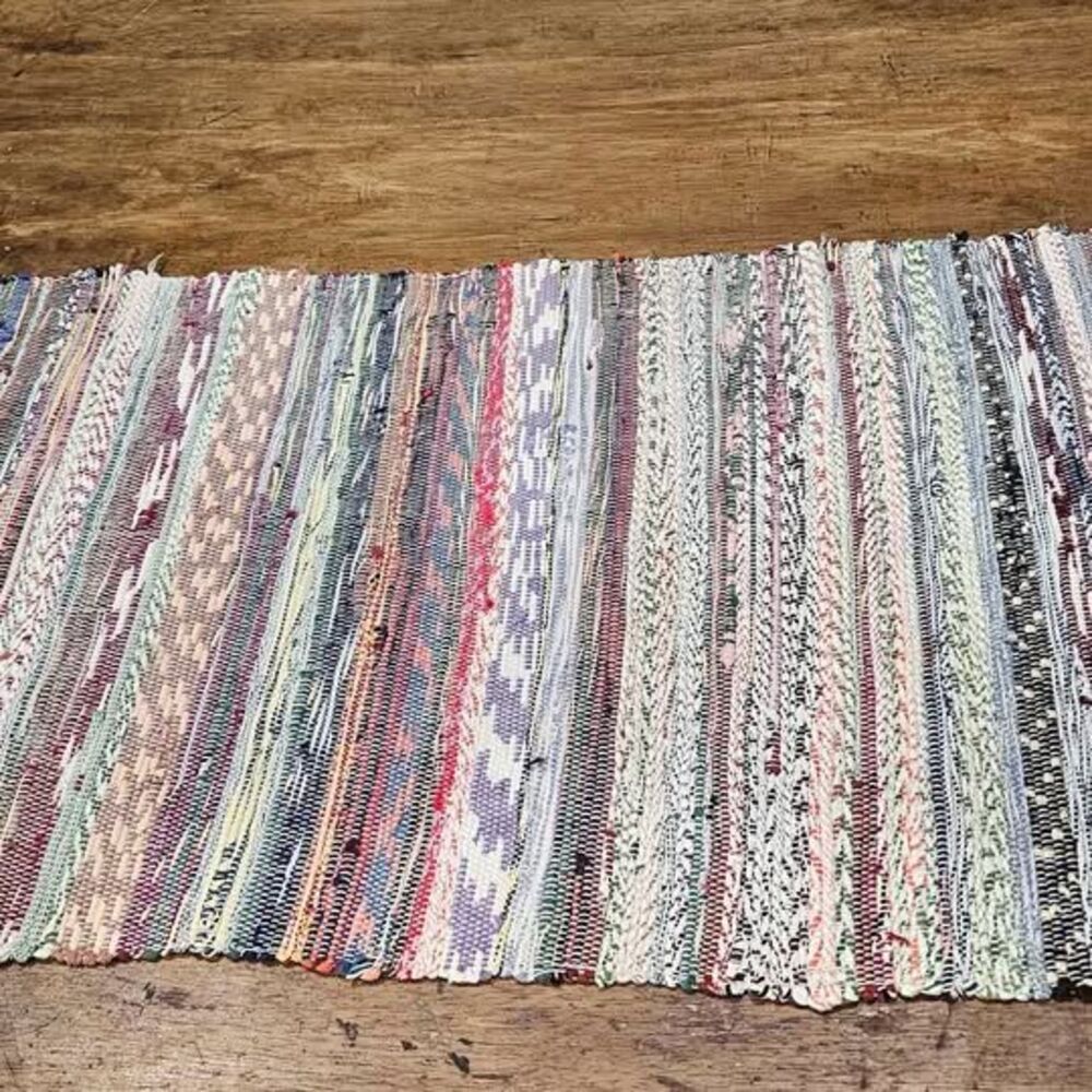 Colorful Vintage Appalachian Hand Woven Rag Rug with Fringe.